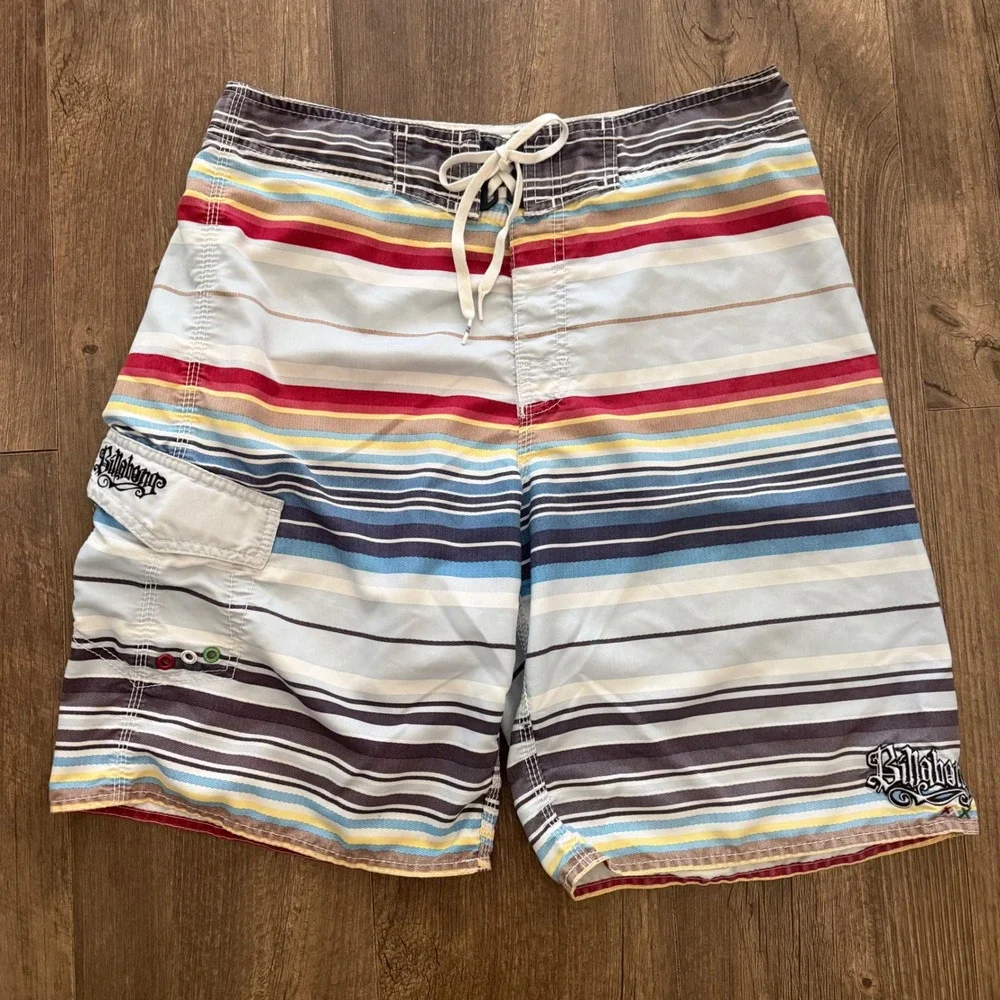 Billabong Board Shorts Mens Size 33 Multi-Color Striped Surf Swim Trunks Y2K